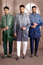 Navy Blue Hand Embroidered Indowestern Jacket Set With Pants for wedding Men