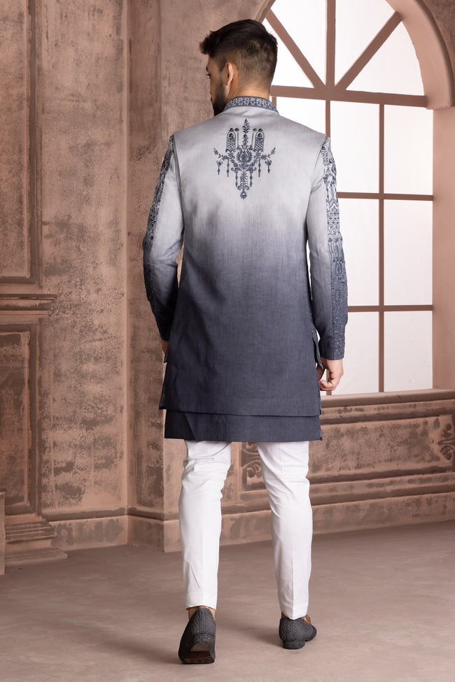 Grey Hand Embroidered Indowestern Jacket Set With Pants for wedding Men