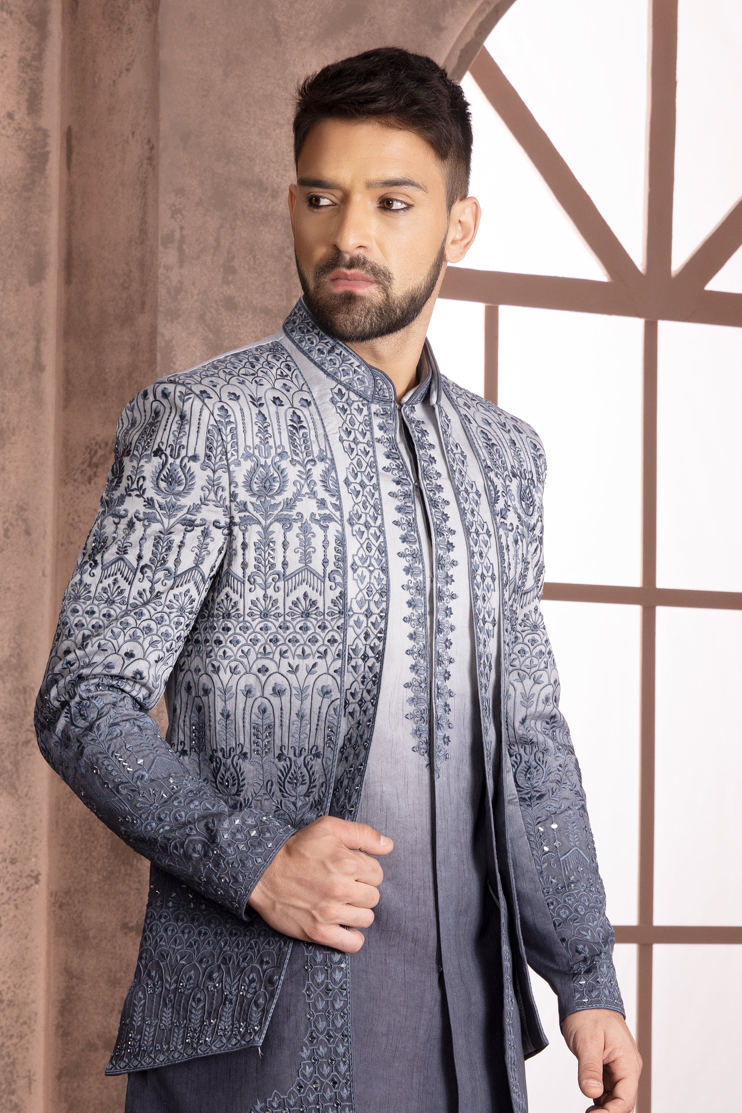 Wedding Mens Full Coat Grey Hand Embroidered Indowestern Jacket