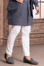 Grey Hand Embroidered Indowestern Jacket Set With Pants for wedding Men