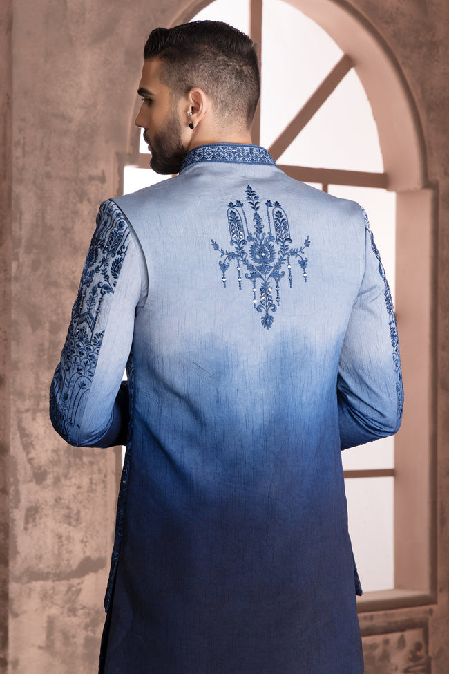 Navy Blue Hand Embroidered Indowestern Jacket Set With Pants for wedding Men