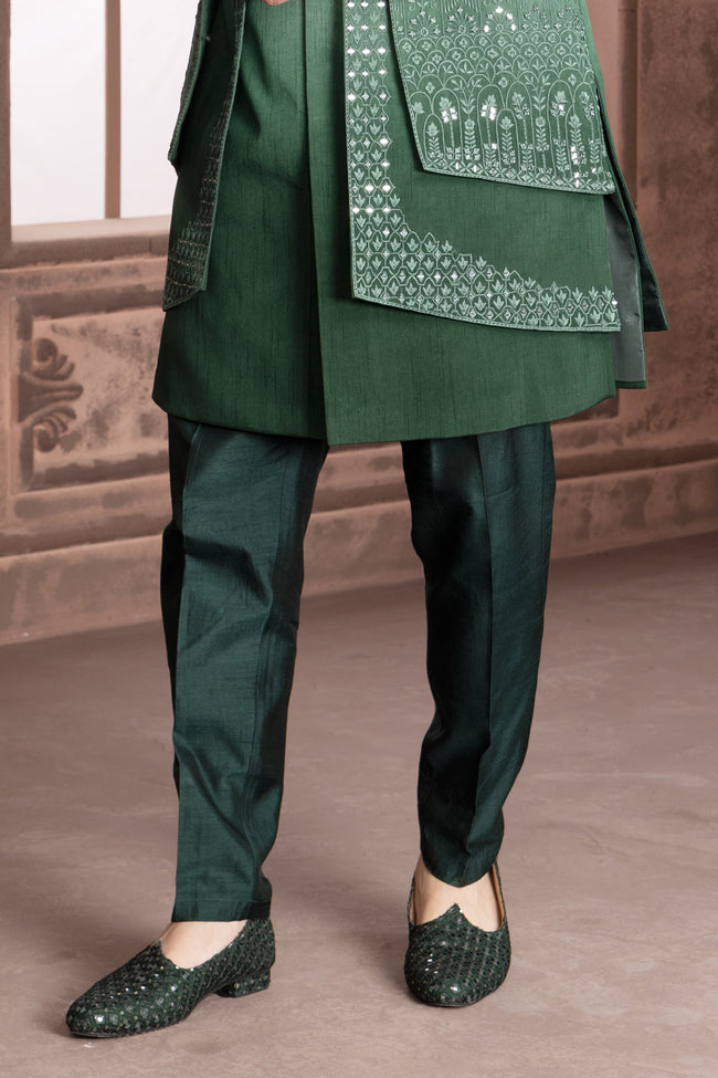 Green Hand Embroidered Indowestern Jacket Set With Pants for wedding Men