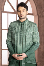 Green Hand Embroidered Indowestern Jacket Set With Pants for wedding Men