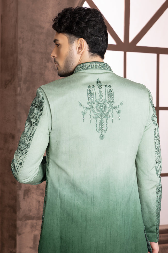 Green Hand Embroidered Indowestern Jacket Set With Pants for wedding Men