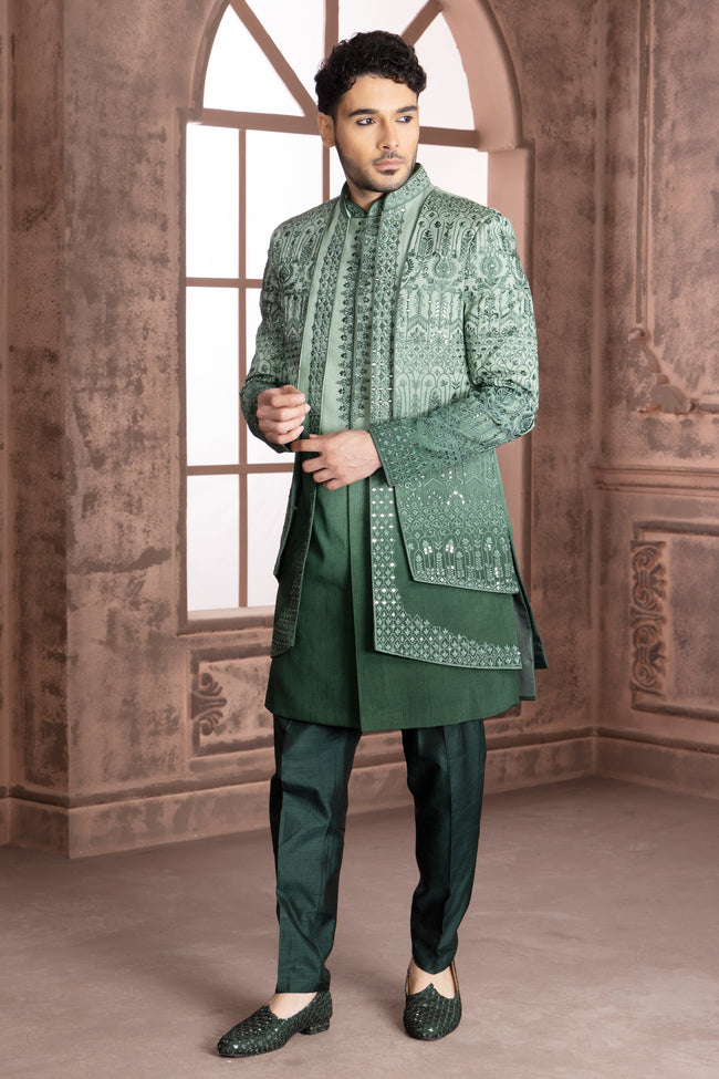 Green Hand Embroidered Indowestern Jacket Set With Pants for wedding Men