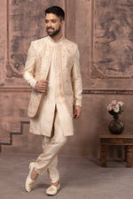 Cream Designer Jacket Style Indowestern Set For Men