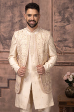 Cream Designer Jacket Style Indowestern Set For Men