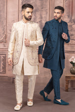 Cream Designer Jacket Style Indowestern Set For Men