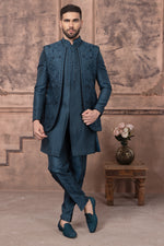 Dark Teal Blue Designer Jacket Style Indowestern Set For Men