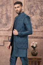 Dark Teal Blue Designer Jacket Style Indowestern Set For Men