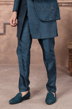 Dark Teal Blue Designer Jacket Style Indowestern Set For Men