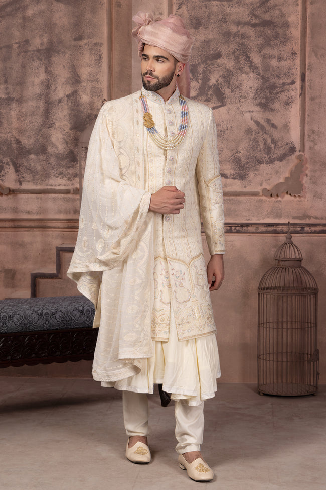 Cream Silk Anarkali Style Sherwani In Embroidery Work  For Men