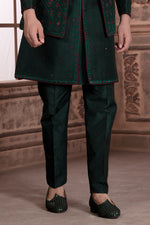Forest Green Jacket Style Embroidered Indowestern Set For Men