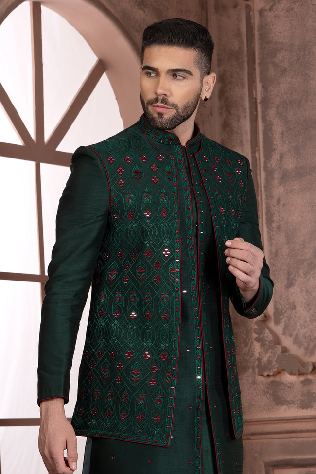 Forest Green Jacket Style Embroidered Indowestern Set For Men