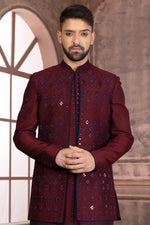 Dark Maroon Jacket Style Embroidered Indowestern Set For Men