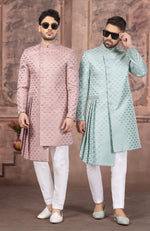 Light Pink And Off White Indowestern Set For Men