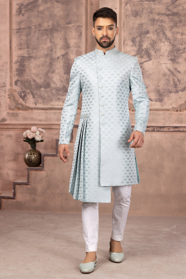 Stunning Powder Blue And Off White Indowestern Set For Men