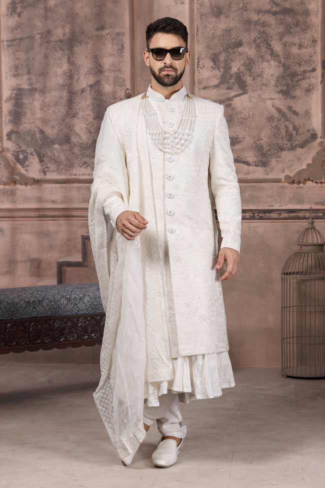 Off-White Silk Heavy Embroidered Sherwani Set For Men