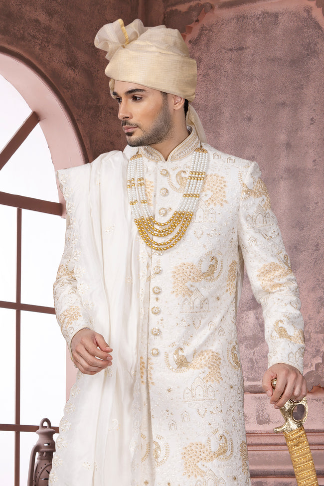 Attractive White Embroidered Anarkali Style Silk Sherwani For Men
