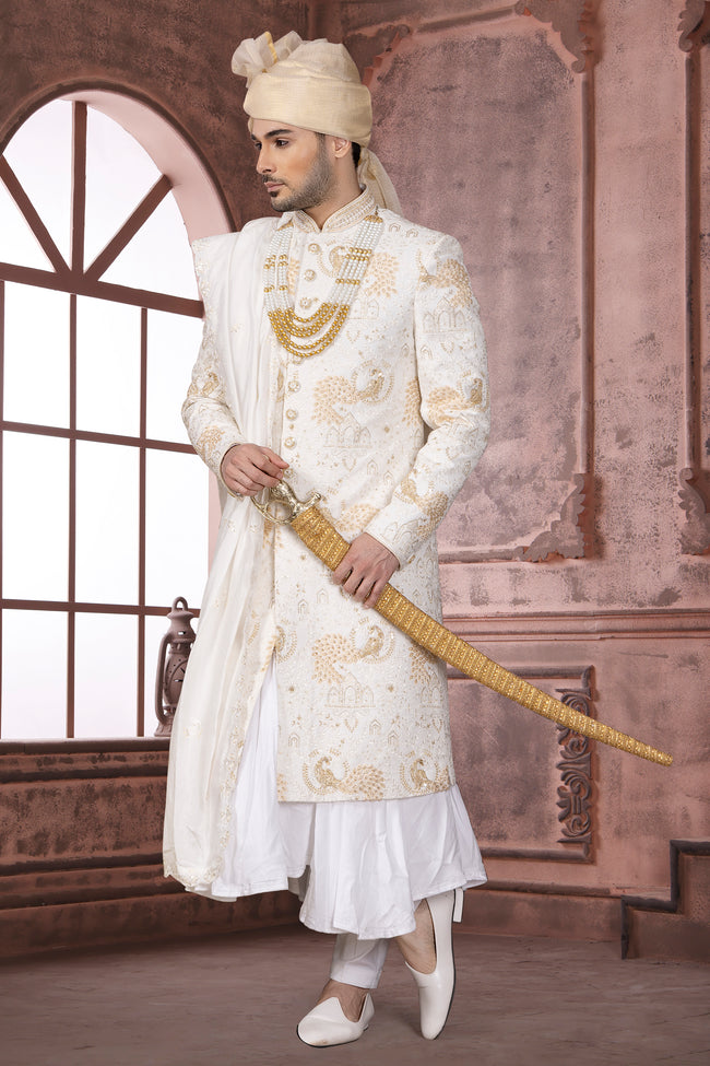 Attractive White Embroidered Anarkali Style Silk Sherwani For Men