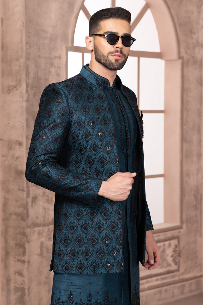 Teal Blue Jacket Style Indowestern In Art Silk  For Men