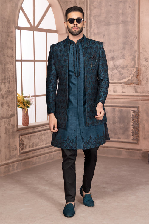 Teal Blue Jacket Style Indowestern In Art Silk  For Men