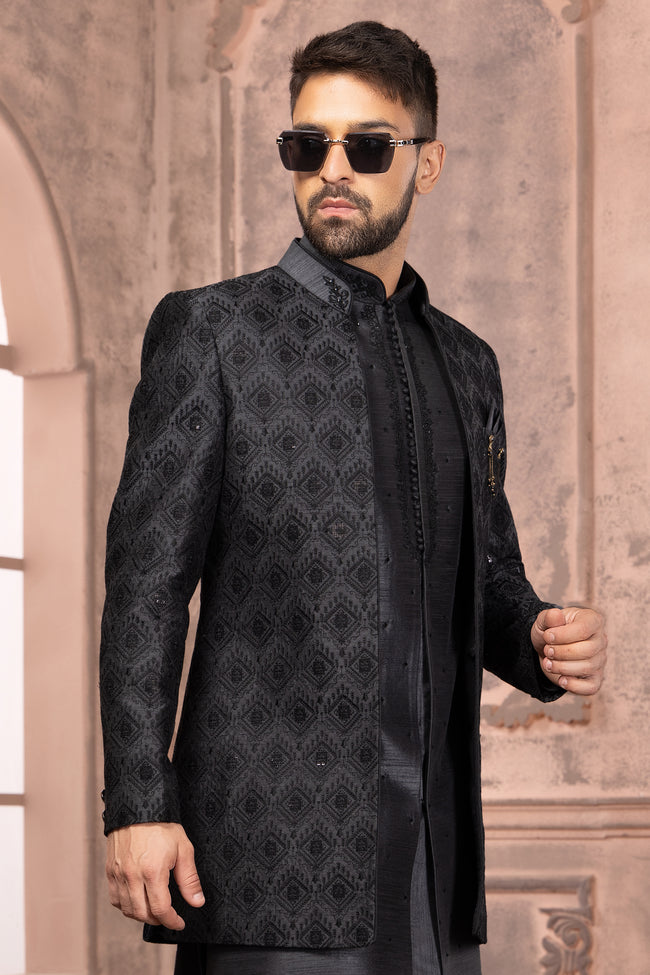 Black Jacket Style Indowestern In Art Silk  For Men