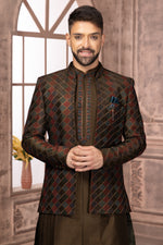 Mehandi Green Designer Jacket Style Indowestern In Raw Silk For Men