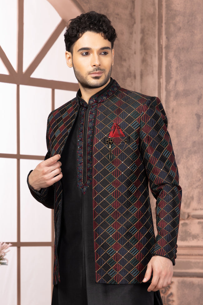 Black Designer Jacket Style Indowestern In Raw Silk For Men