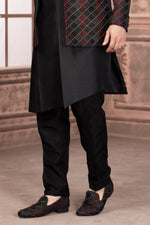Black Designer Jacket Style Indowestern In Raw Silk For Men