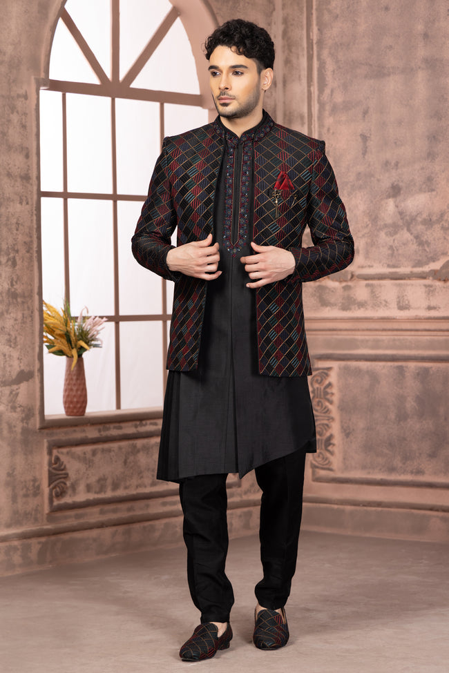 Black Designer Jacket Style Indowestern In Raw Silk For Men