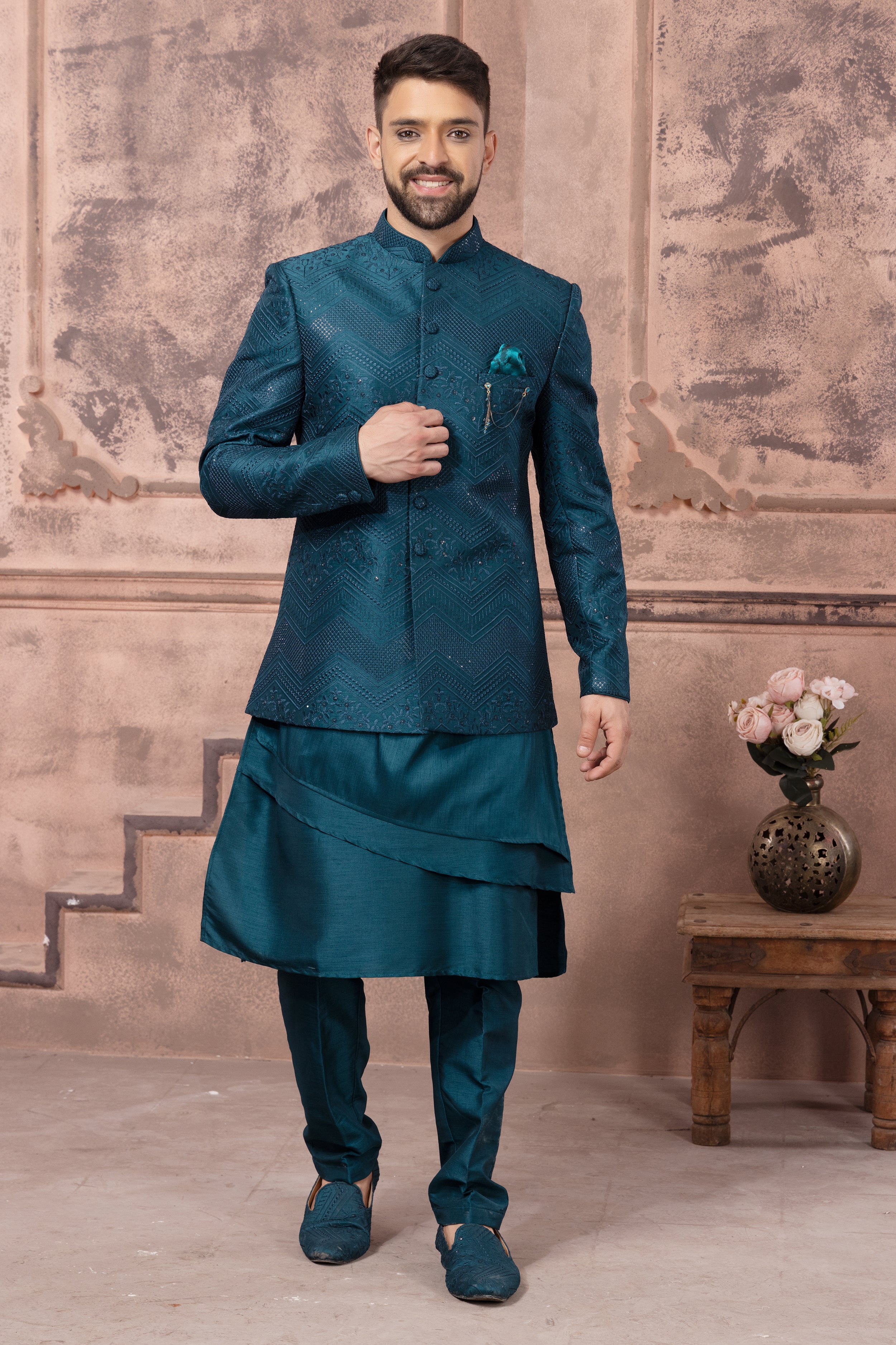 Teal Blue Wedding Wear Jacket Style Indowestern Set For Men paanericlothing Teal Blue Wedding Wear Jacket Style Indowestern Set For Men paanericlothing