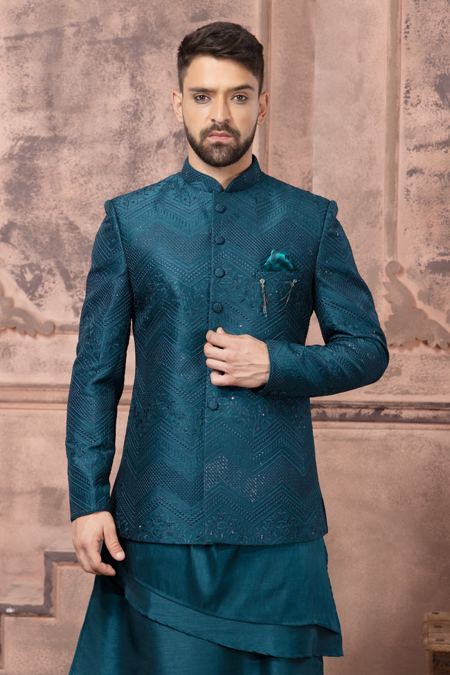 Teal Blue Wedding Wear Jacket Style  Indowestern Set For Men