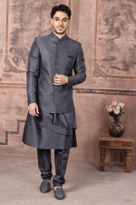 Dark Grey Wedding Wear Jacket Style  Indowestern For Men