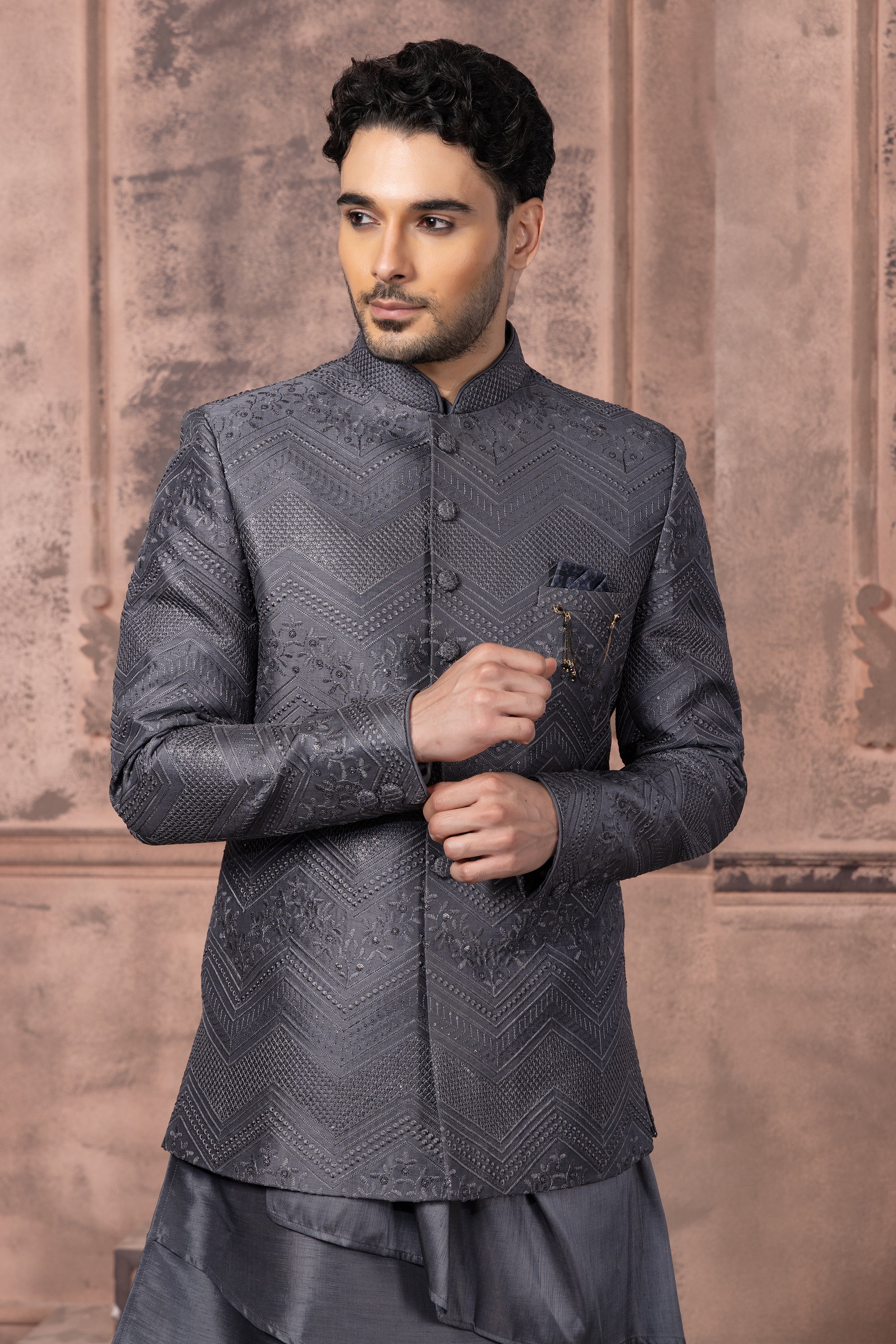 Dark Grey Wedding Wear Jacket Style Indowestern For Men paanericlothing Dark Grey Wedding Wear Jacket Style Indowestern For Men paanericlothing
