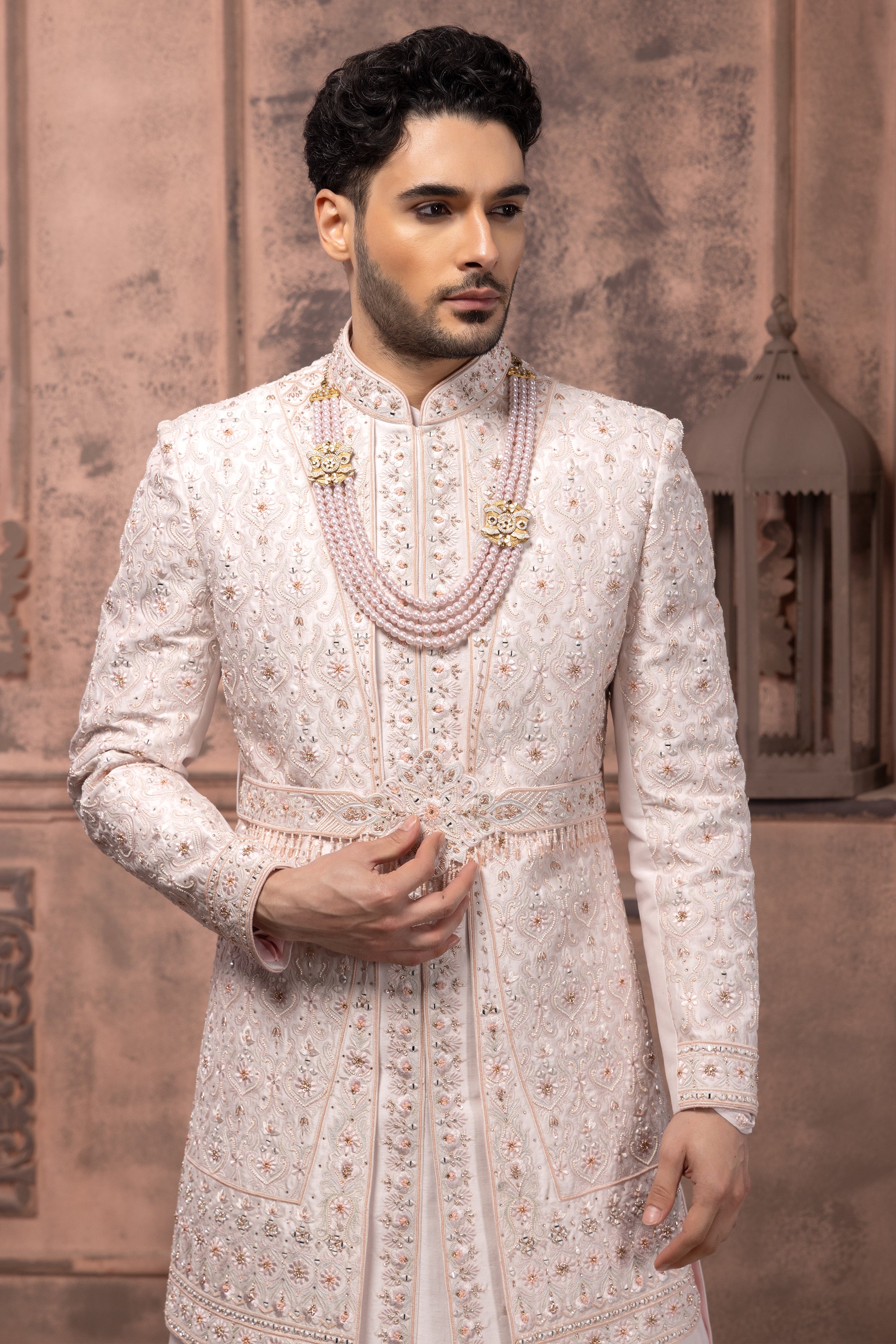 Light Pink Attractive Groom Embroidered Sherwani For Men