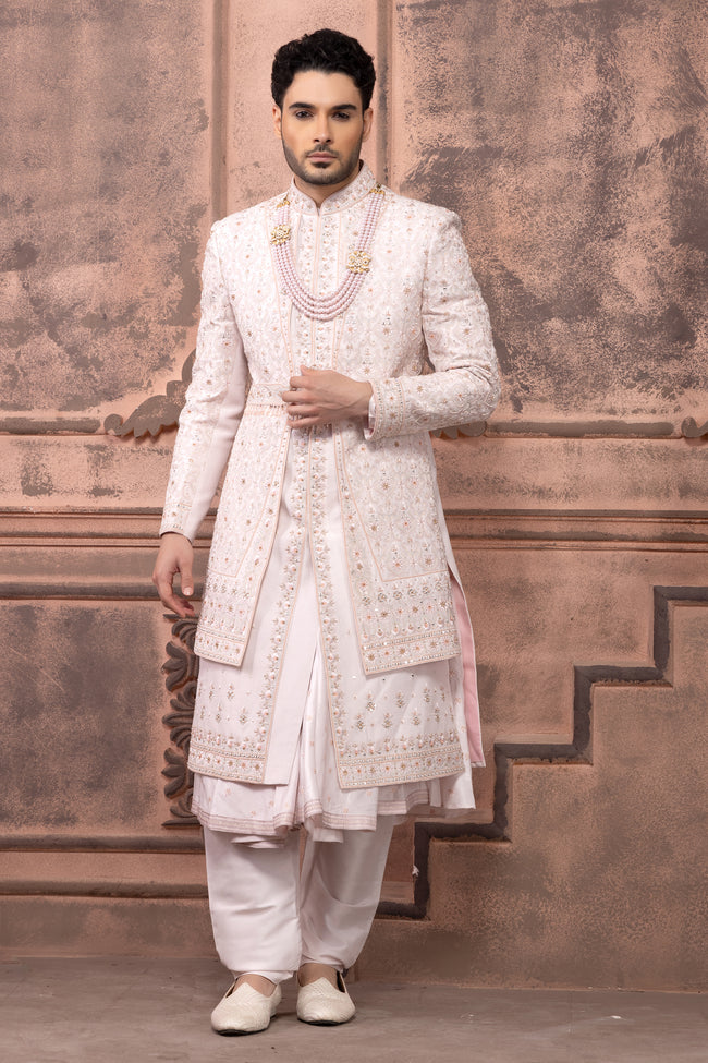 Light Pink Attractive Groom Embroidered Sherwani For Men
