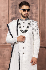 White With Black Groom Embroidered Sherwani In Silk For Men