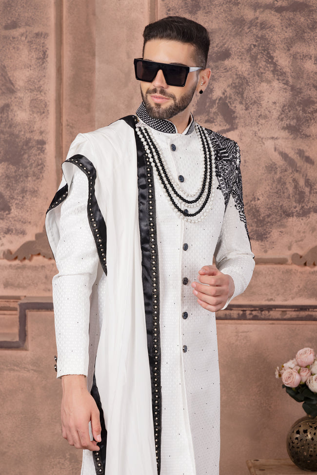 White And Black Embroidered Designer Sherwani For Men