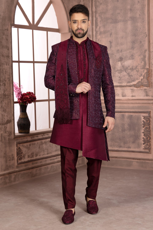 Wine Thread Embroidered Jacket Style Indowestern Set In Silk For Men