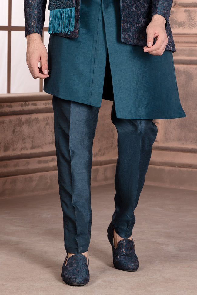 Teal Blue Thread Embroidered Jacket Style Indowestern Set In Silk For Men