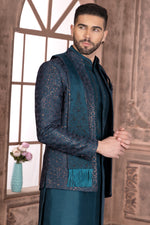 Teal Blue Thread Embroidered Jacket Style Indowestern Set In Silk For Men