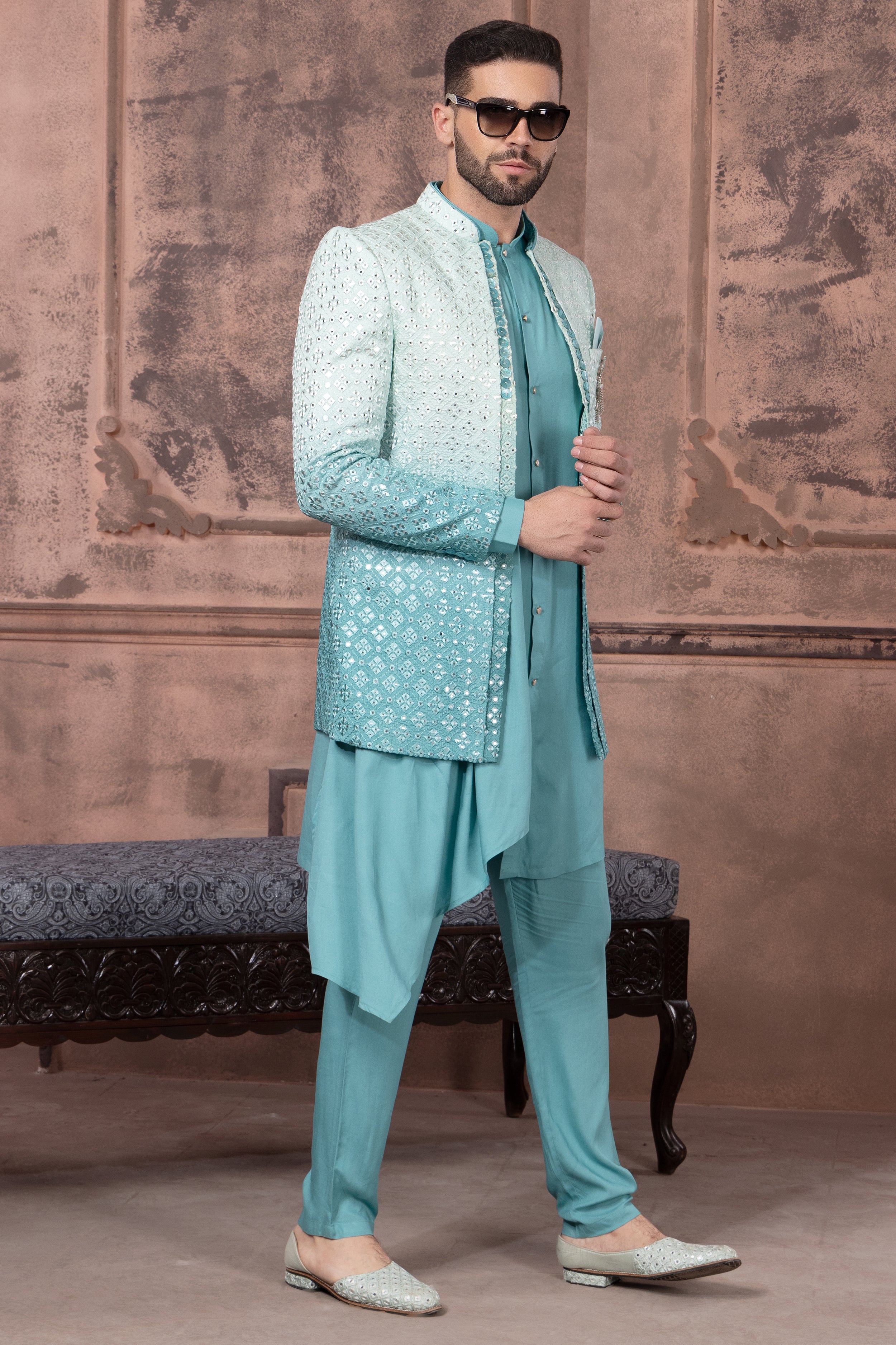 Sea Green Shaded Color Men Indowestern In Art Silk Fabric For Men paanericlothing Sea Green Shaded Color Men Indowestern In Art Silk Fabric For Men paanericlothing