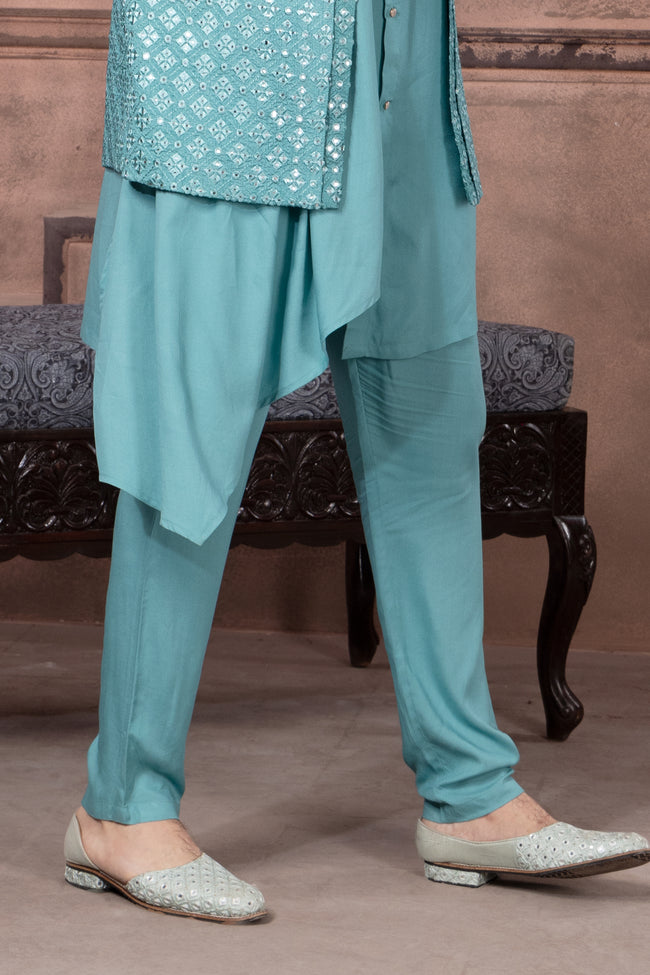 Sea Green Shaded Color Men Indowestern In Art Silk Fabric For Men