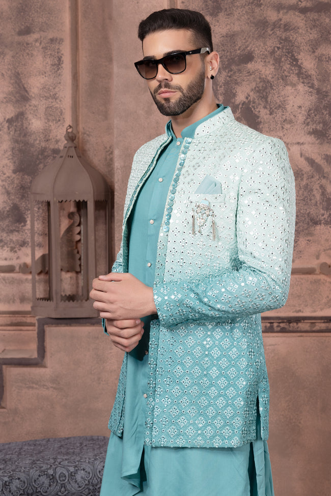 Sea Green Shaded Color Men Indowestern In Art Silk Fabric For Men