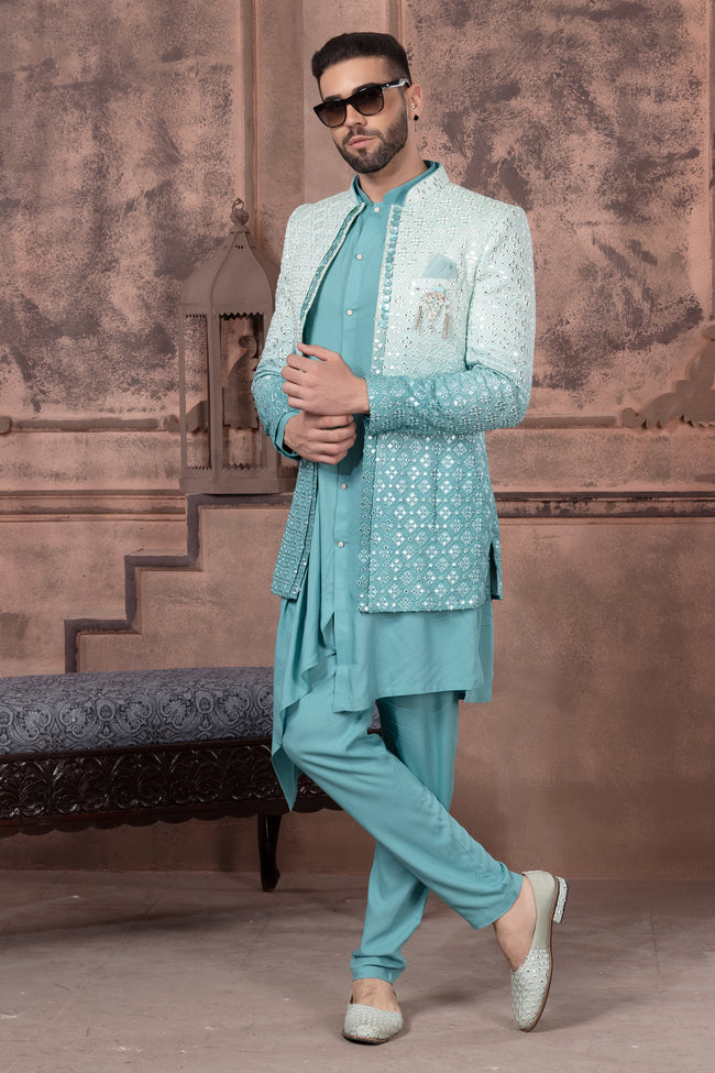 Sea Green Shaded Color Men Indowestern In Art Silk Fabric For Men