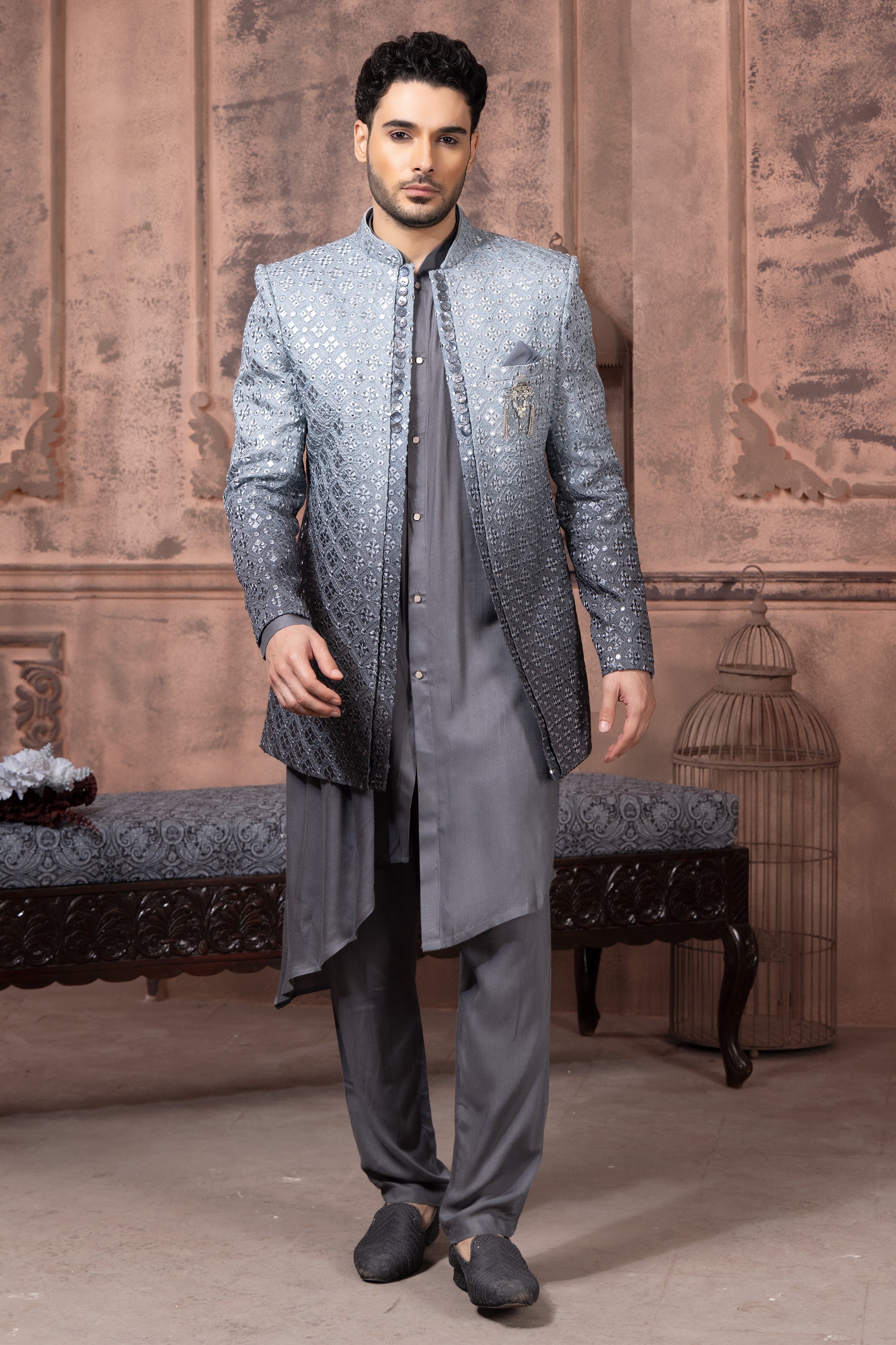 Grey Indo West Dress For Man Grey Shaded Color Men Indowestern In Art Silk Fabric For Men Grey Indo West Dress For Man Grey Shaded Color Men Indowestern In Art Silk Fabric For Men