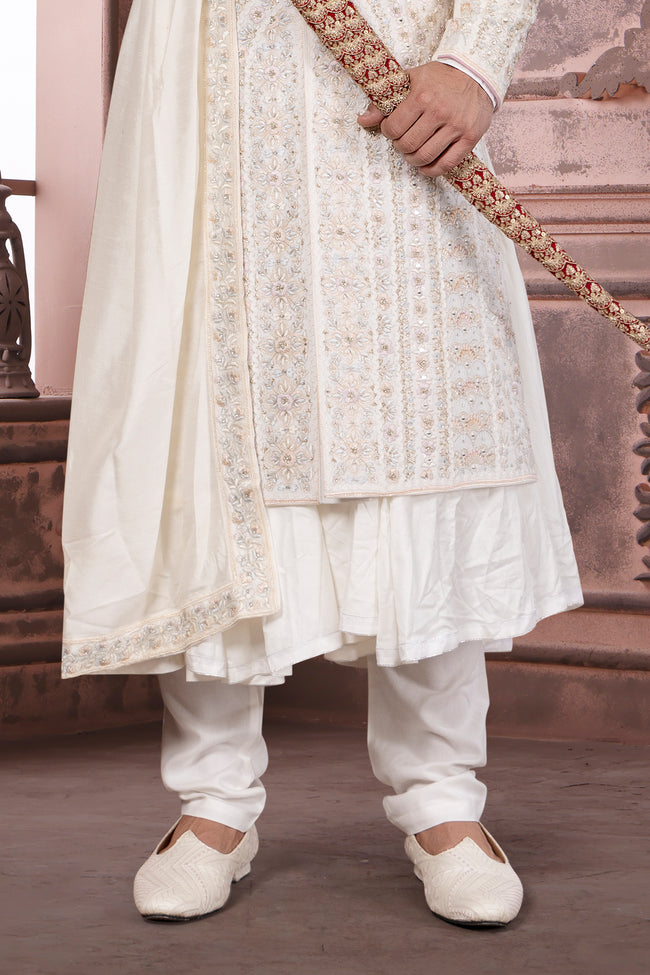 Off White Silk Wedding Wear Embroidered Sherwani For Men