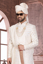 Off White Silk Wedding Wear Embroidered Sherwani For Men