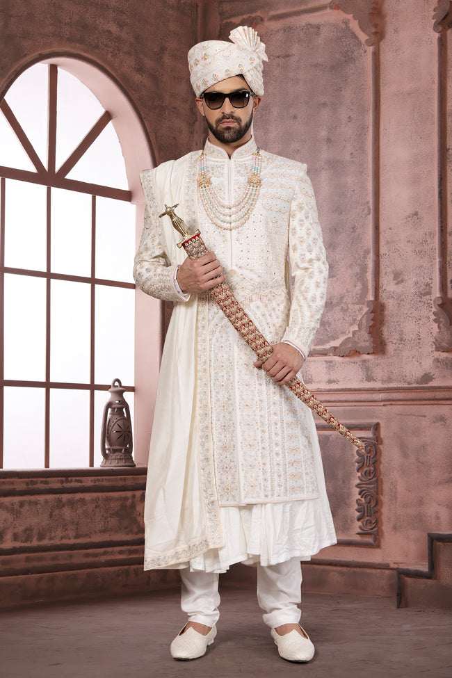 Off White Silk Wedding Wear Embroidered Sherwani For Men